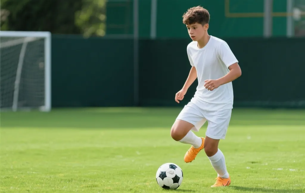 年轻中场球员专注控球，聚光灯下的激情瞬间